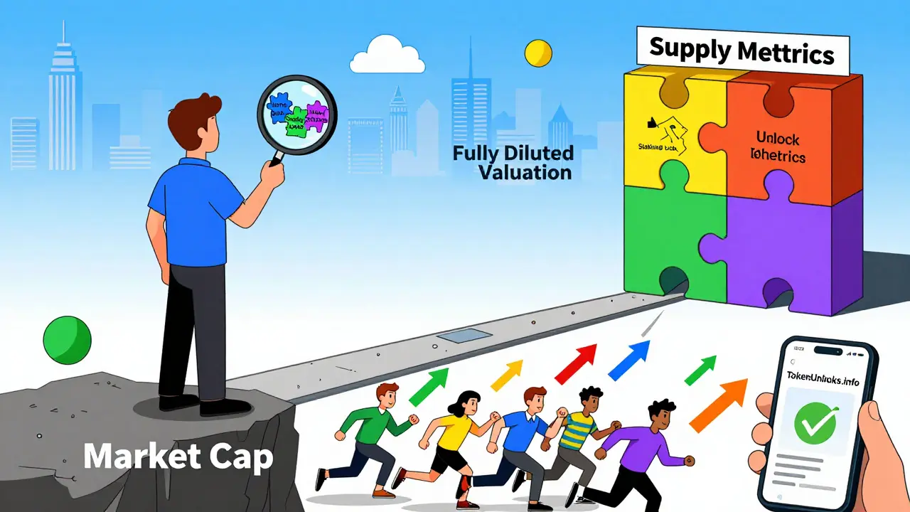 An investor facing a puzzle of supply metrics while others chase fake price arrows, in vibrant Memphis cartoon style.