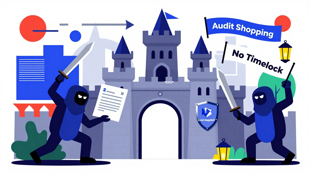 Blockchain castle under attack by hacker monsters, protected by dual review and OpenZeppelin shield.