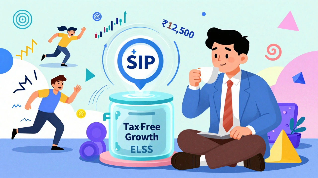Calm investor sipping tea as chaotic market swirls around, with steady SIP deposits flowing into a growth vault.