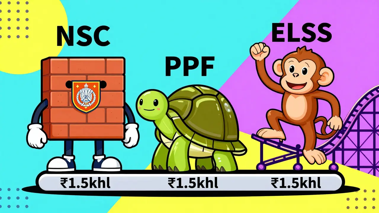 Cartoon characters representing NSC, PPF, and ELSS on a tax scale, with bold Memphis-style shapes and colors.