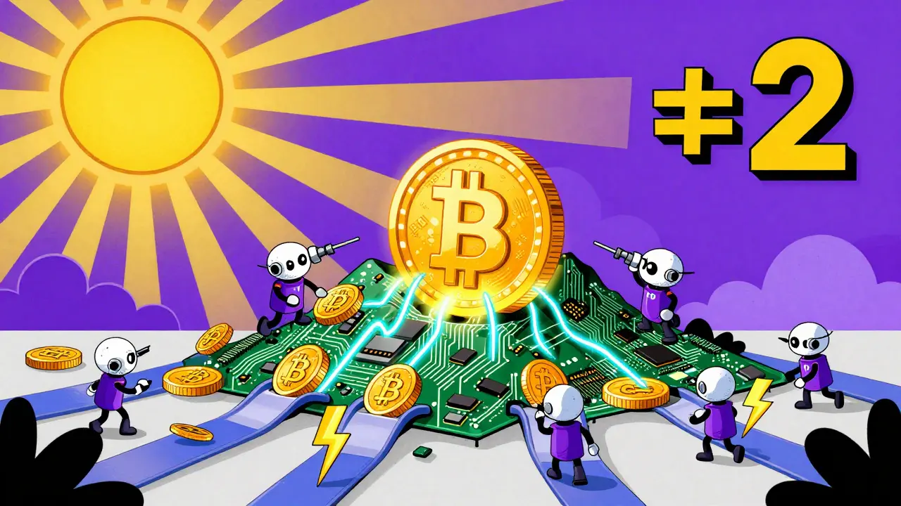 Cartoon robots mining Bitcoin from a circuit board mountain under a halving sun