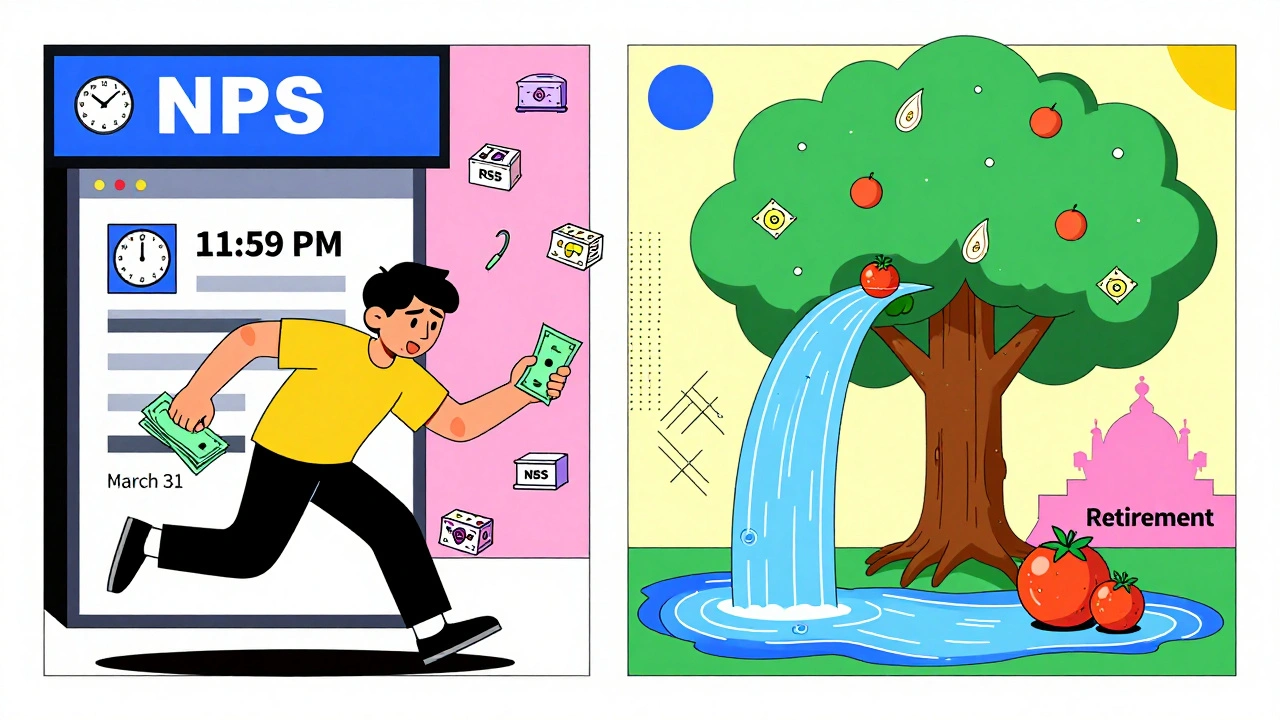 Chaotic last-minute NPS deposit vs calm monthly auto-debit in geometric Memphis design