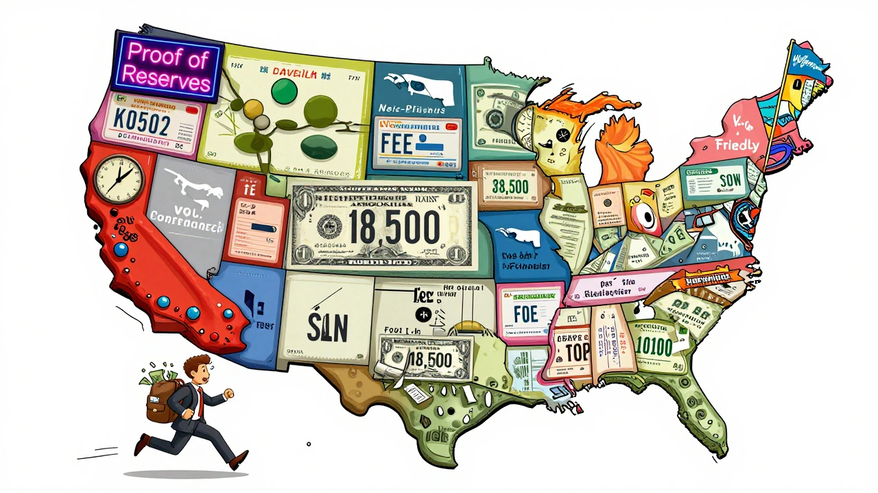 Colorful U.S. state map with individual license fees and clocks in Memphis design