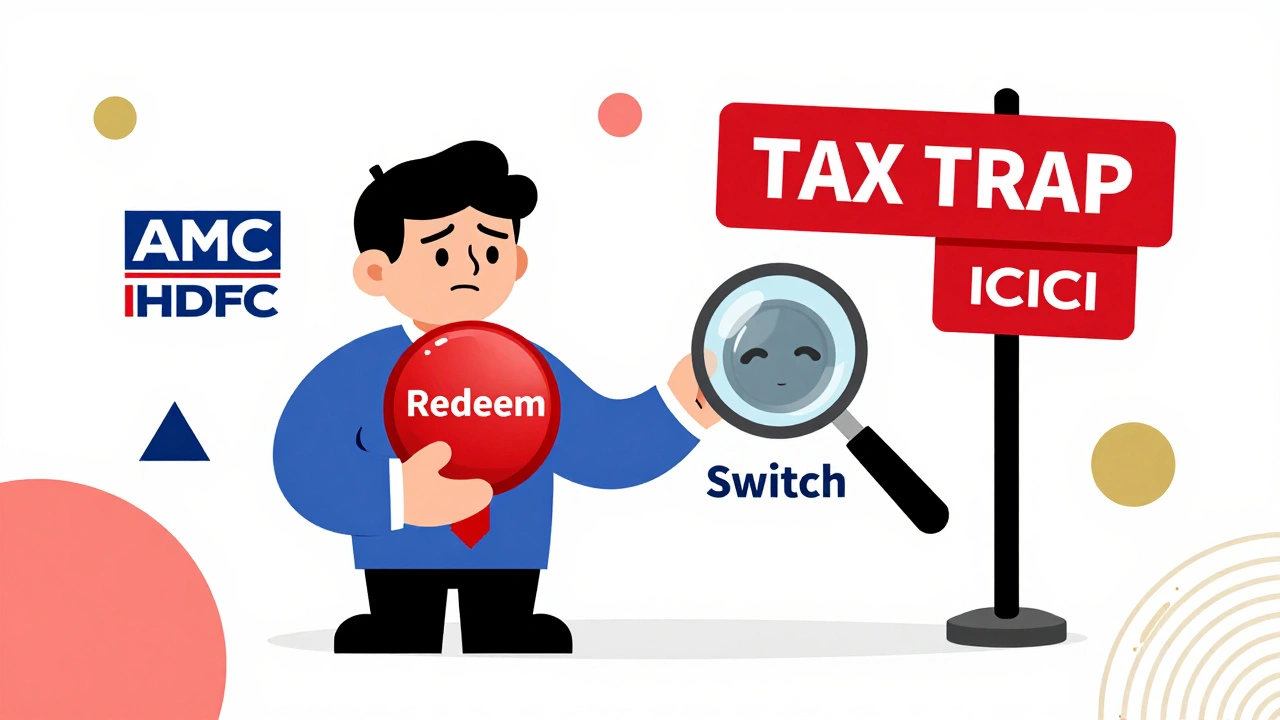 Confused investor holding &#039;Redeem&#039; button, guide pointing to hidden &#039;Switch&#039; option, AMC logos separated by tax trap.