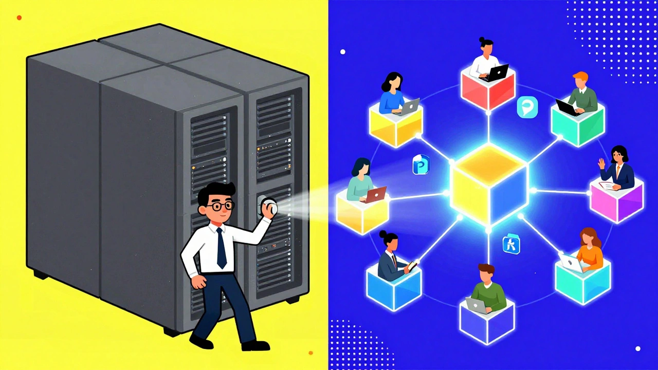Contrasting scene: centralized server being shut down vs. decentralized network glowing with activity.