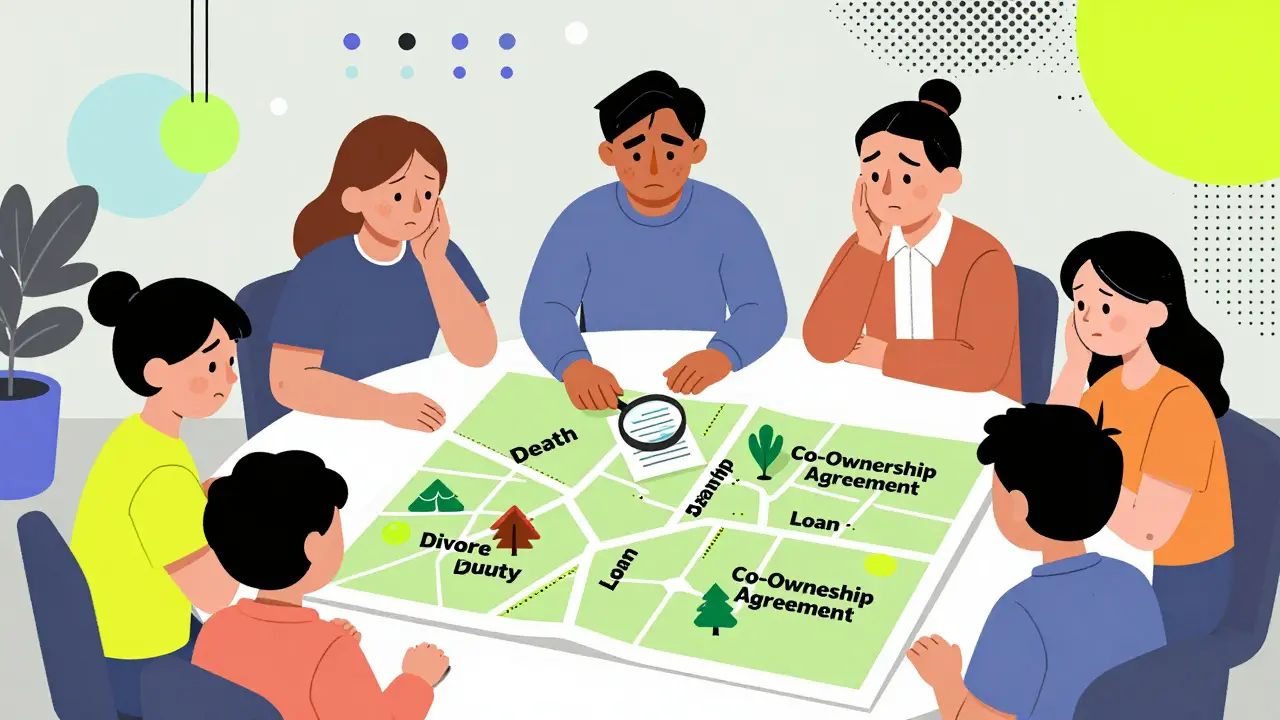 Family around a fragmented property map with labels for legal risks and a notarized agreement.