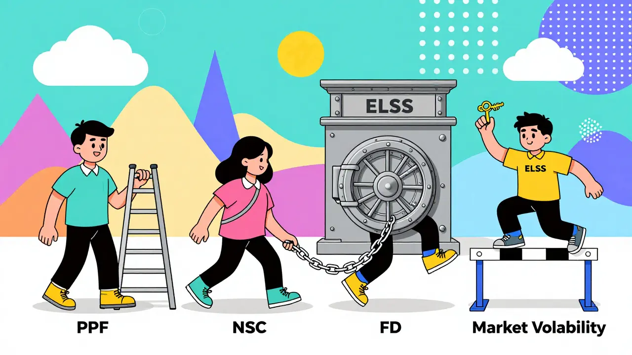 Four characters compare lock-in periods: PPF, NSC, FD, and ELSS, with playful abstract backgrounds in Memphis style.