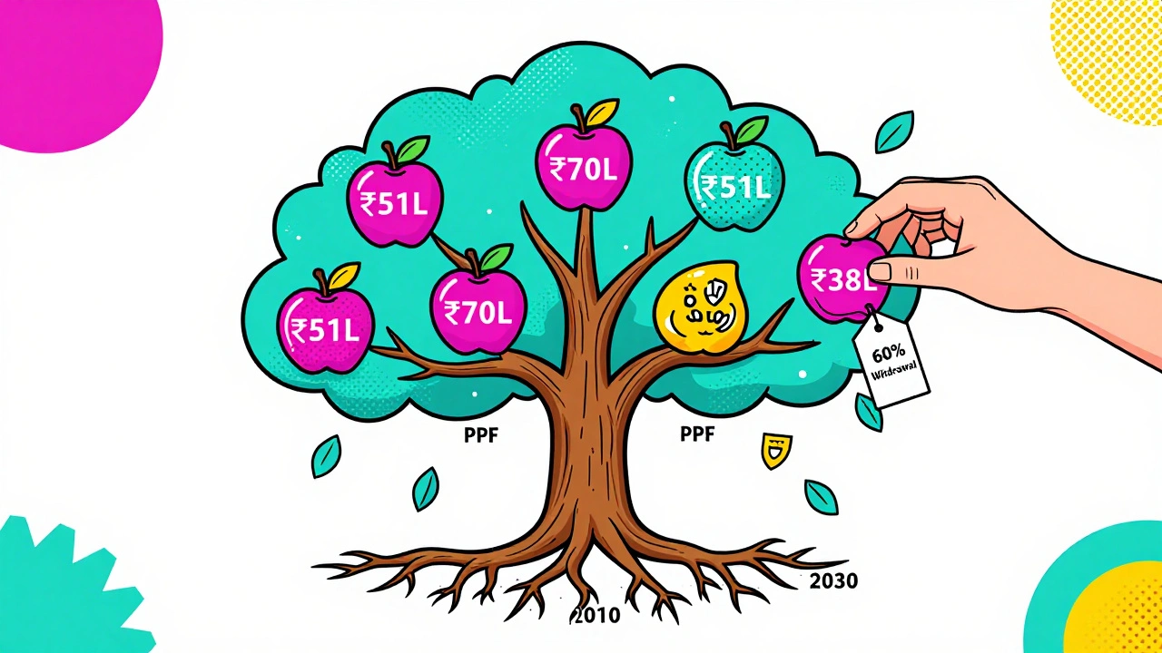 Growth tree of PPF with labeled fruit amounts, one fruit being withdrawn, tax shields falling, all in bold Memphis colors.