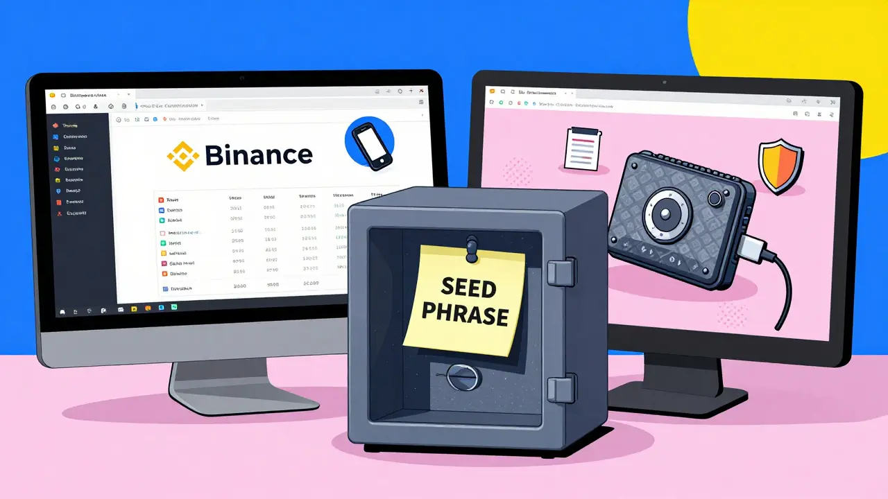 Hybrid crypto setup with hardware wallet and seed phrase in safe