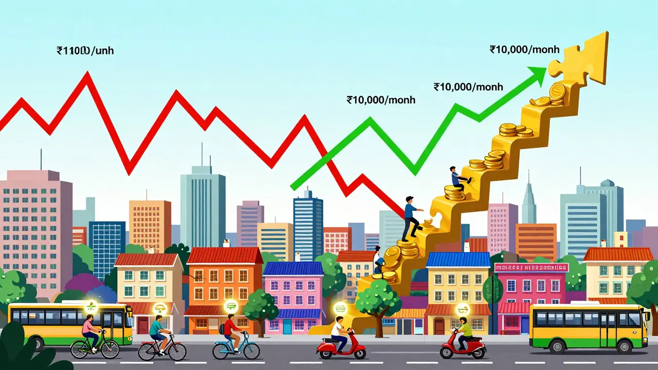 Indian city dwellers with SIP icons above them, rising through a zigzagging market line.