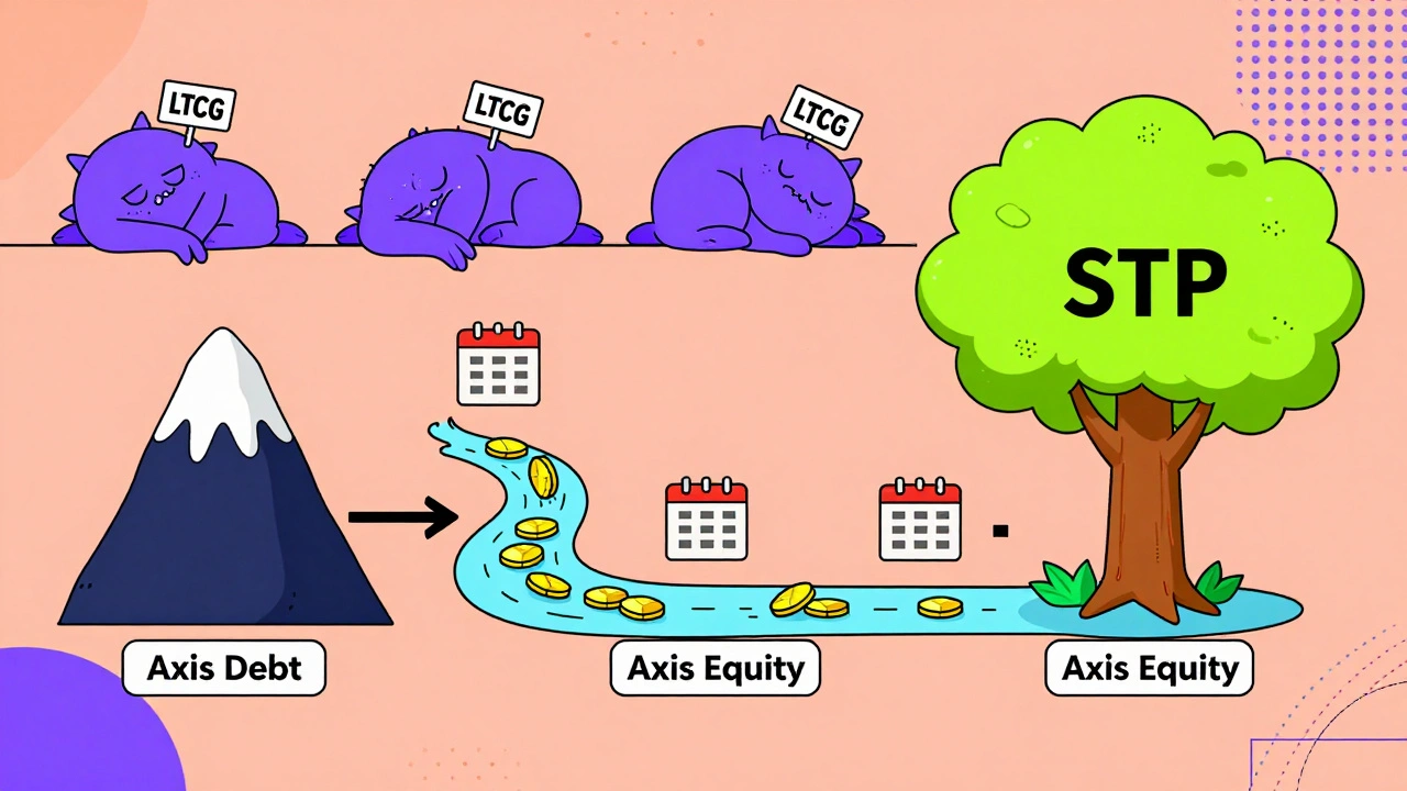 Monthly STP transfers from debt fund to equity fund, coins flowing in geometric pattern, tax monsters asleep.