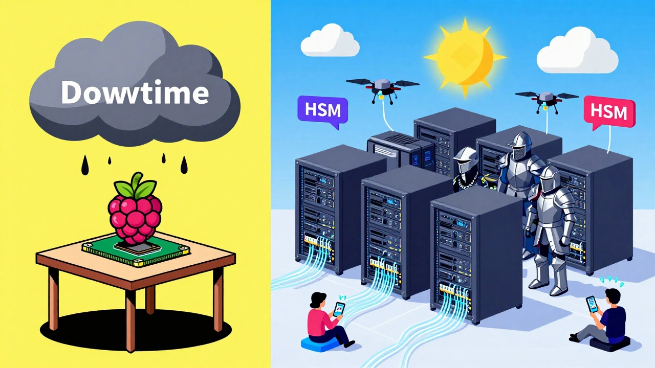 Raspberry Pi failing vs enterprise server guarded by HSM knights and drones in Memphis design.