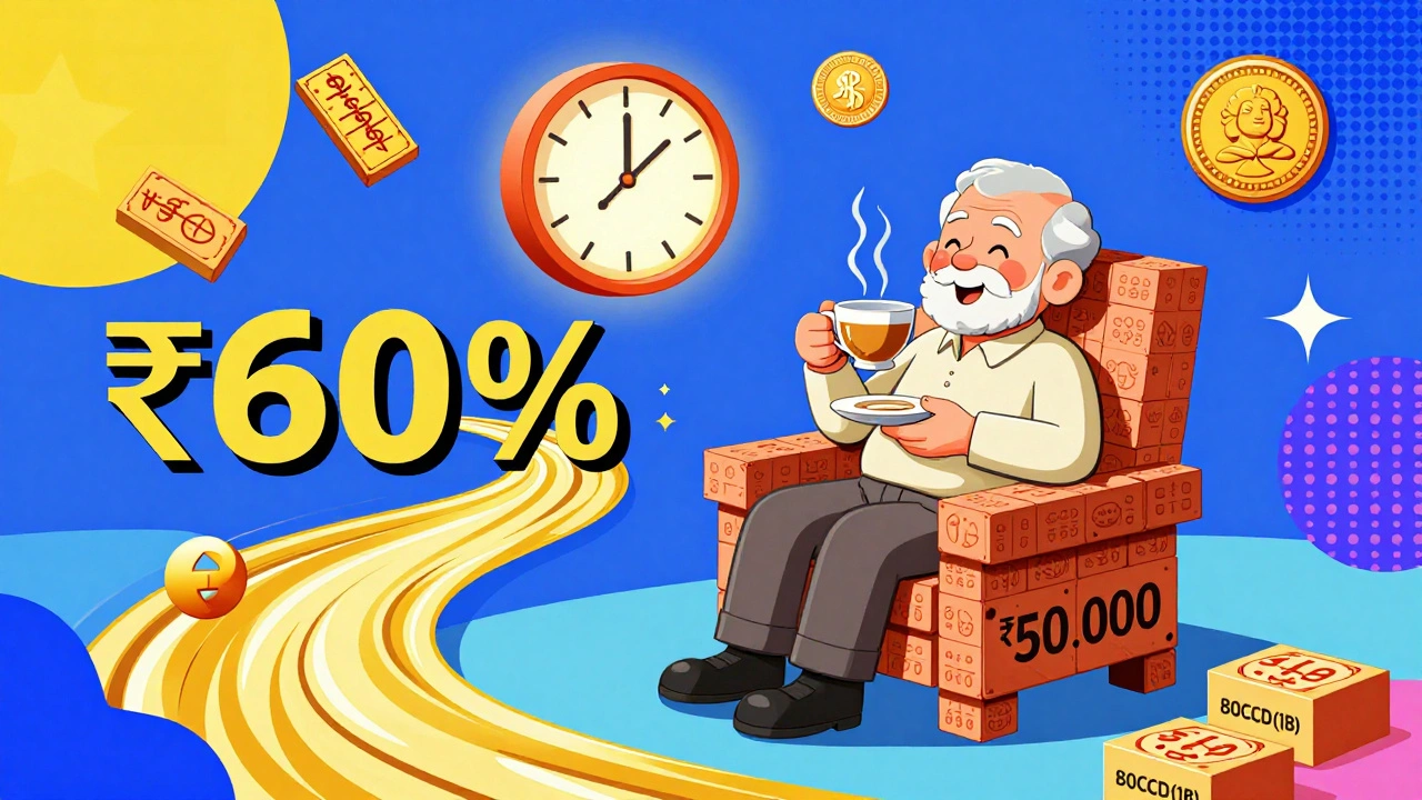 Retiree enjoying tax-free lump sum and pension in a dreamy NPS-themed landscape