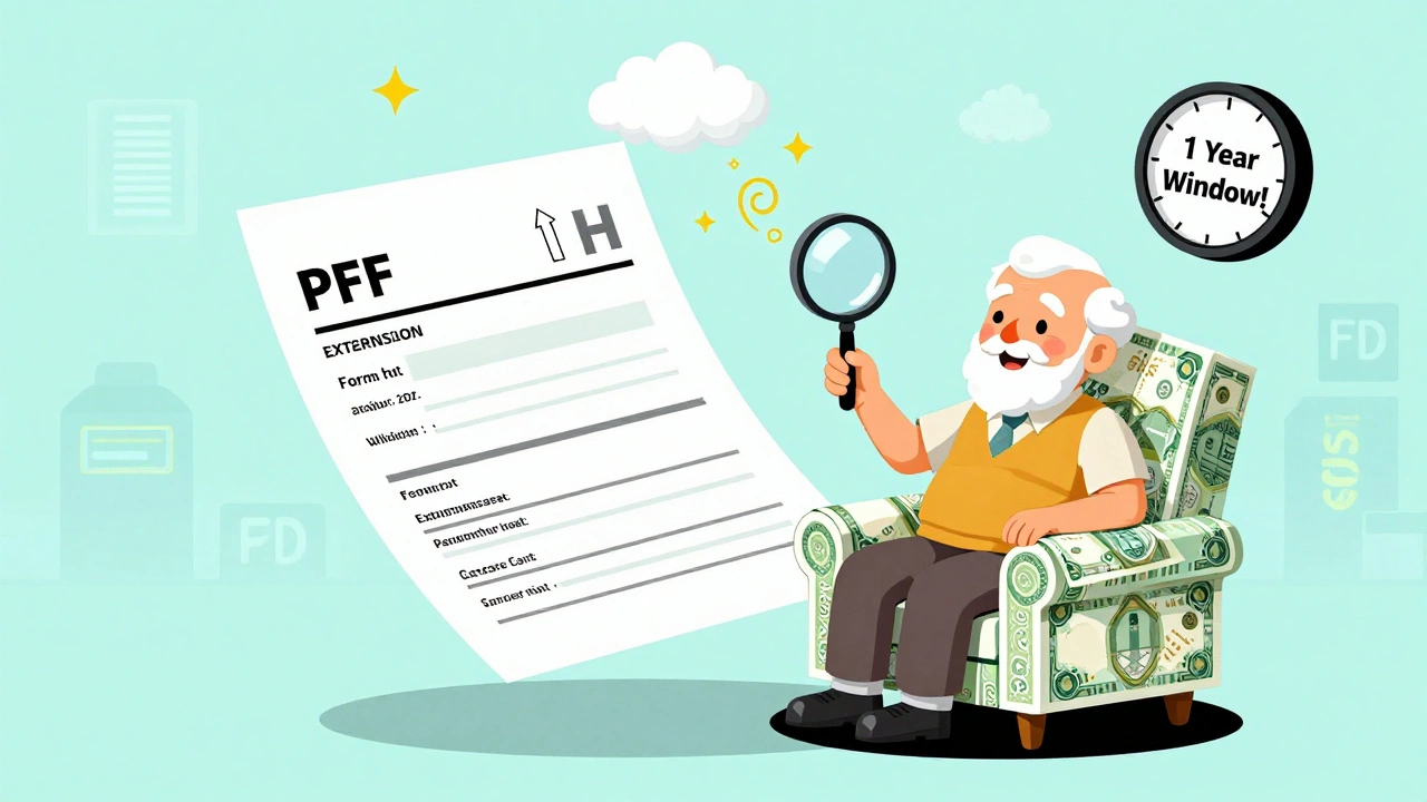 Retiree examining a floating Form H with tax-free interest clouds, clock ticking nearby, against retro geometric patterns.