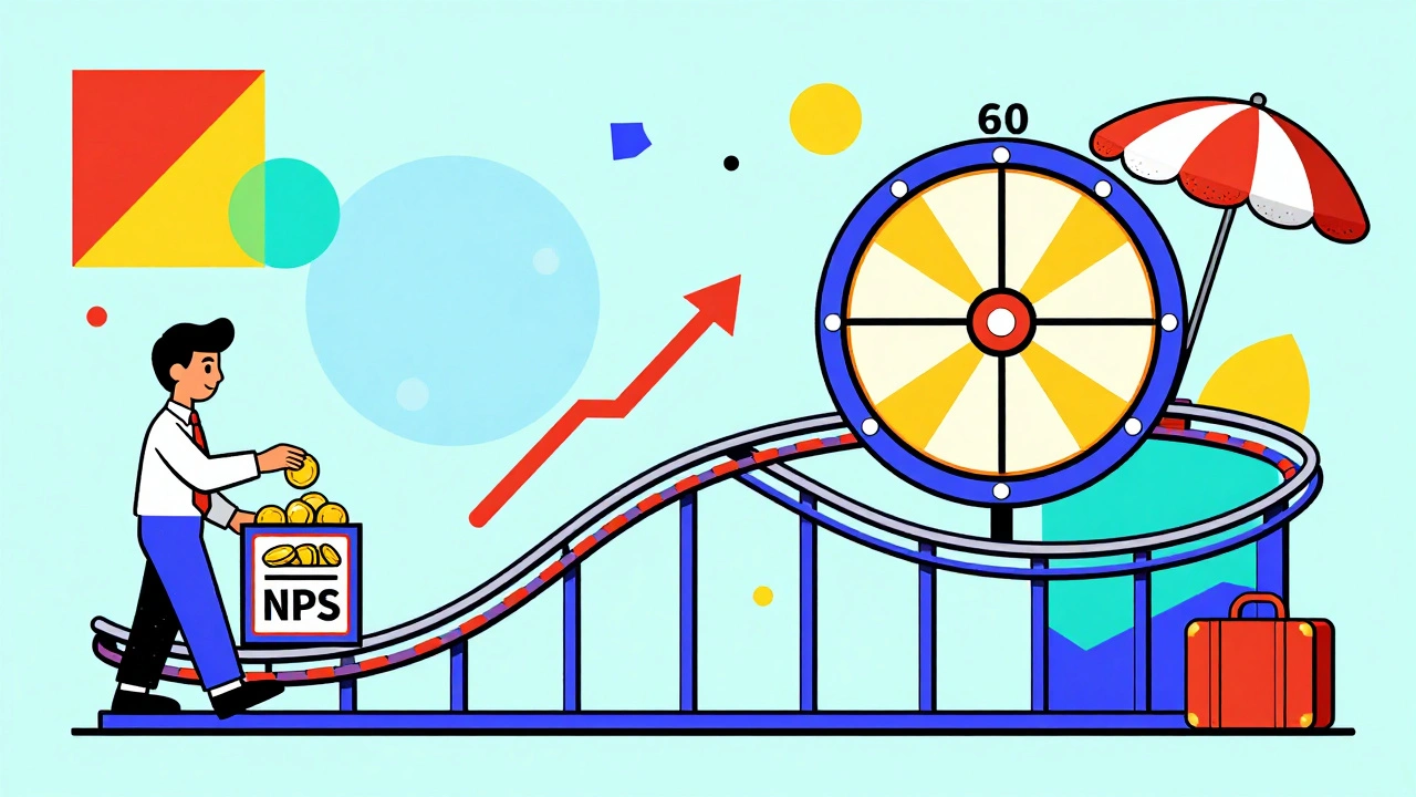 Retirement timeline as a Memphis-style rollercoaster, starting with contributions and ending at beach with annuity wheel.