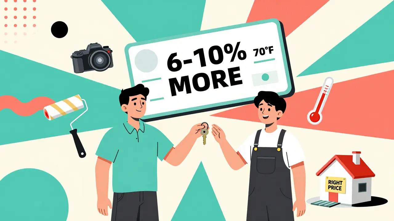 Seller handing key to buyer with icons of staging, photos, and right price