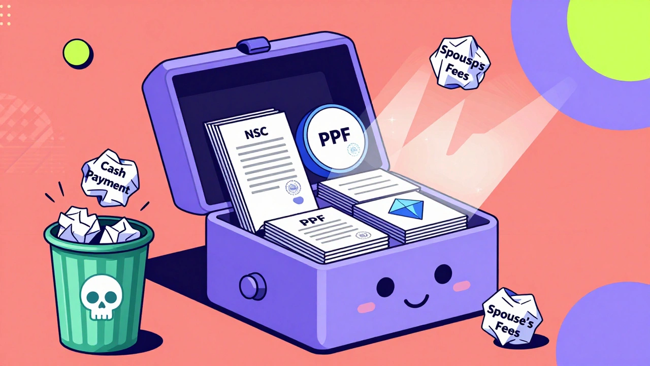 Smiling fireproof box holding organized 80C proof documents while invalid receipts are thrown away