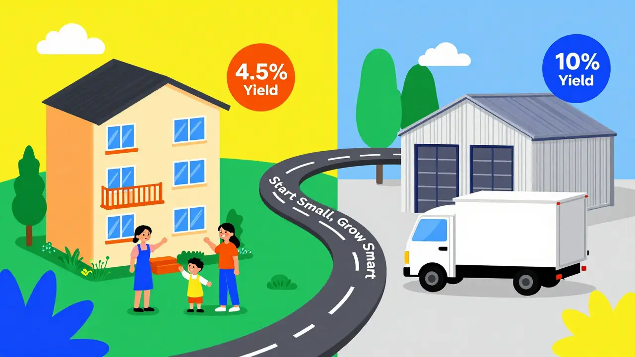 Split illustration of residential and commercial properties with yield badges in Memphis style