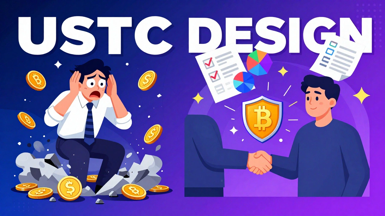 Split scene: left shows UST collapse, right shows safe swap to USDC with dragon and shield, geometric audit reports.