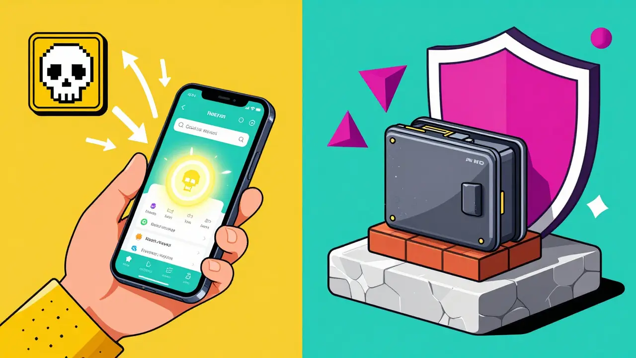 Split scene of a risky hot wallet vs secure cold wallet in bold Memphis Design colors