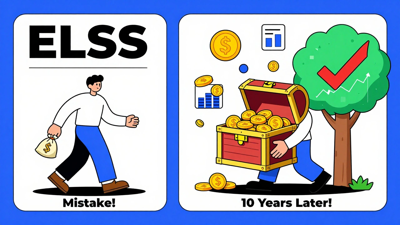Split scene: person leaving ELSS after 3 years vs. same person holding treasure chest after 10 years.