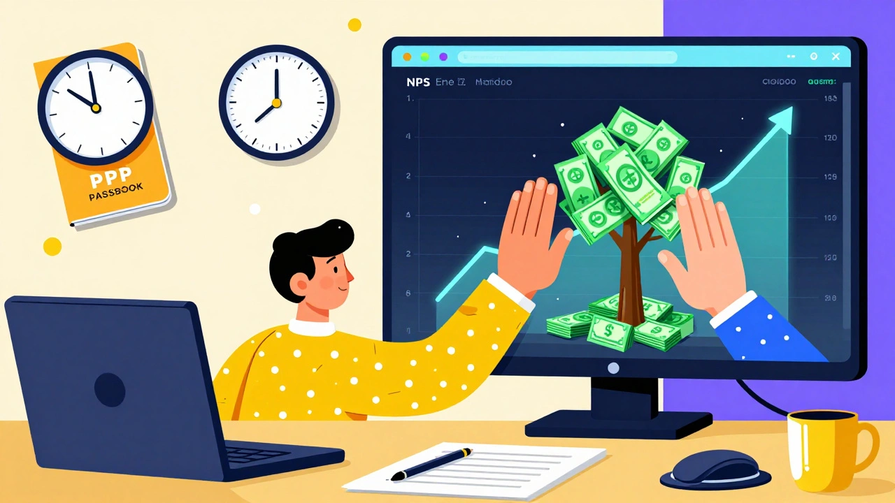 Split-screen: left shows aging worker with PPF, right shows digital NPS dashboard with rising graph and high-five.