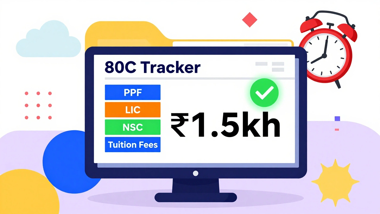 Stylized digital spreadsheet showing 80C investments totaling ₹1.5 lakh with green checkmark and alarm clock