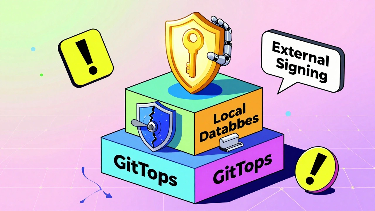 Three-layered defense system as colorful blocks with GitOps, database, and external signing in Memphis style.
