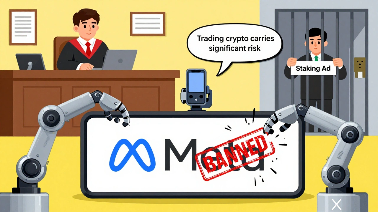 Three robotic arms rejecting a crypto ad except for X, with courtroom fine scene in background