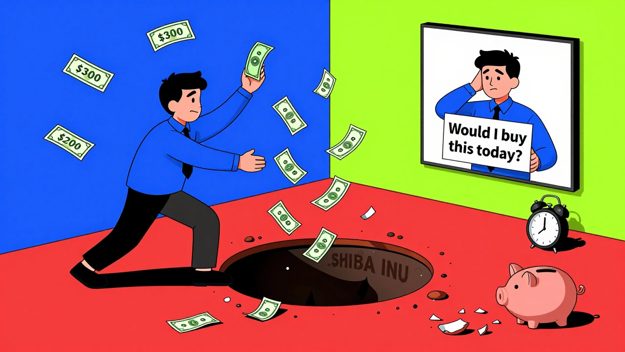 Trader dumping money into a bottomless altcoin pit, with future self reflecting in a mirror.