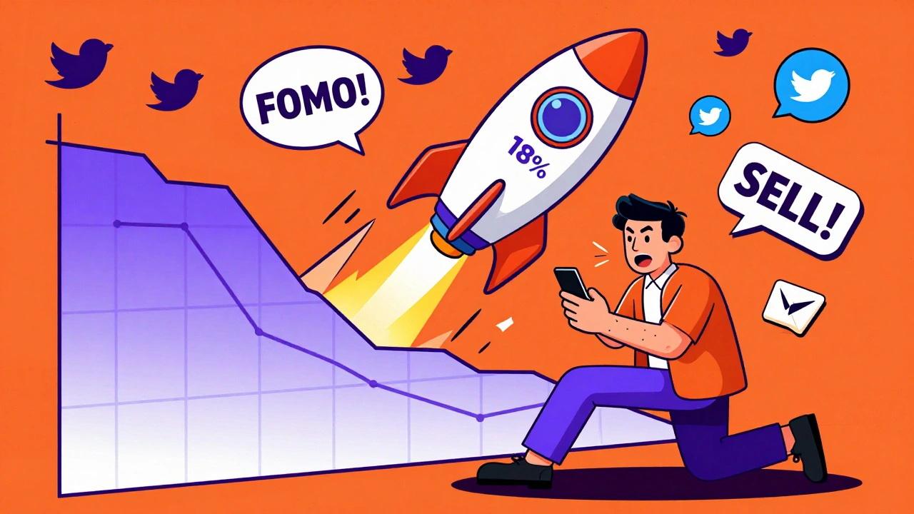 Trader overwhelmed by a screaming crypto rocket and chaotic news bubbles in bold Memphis design.