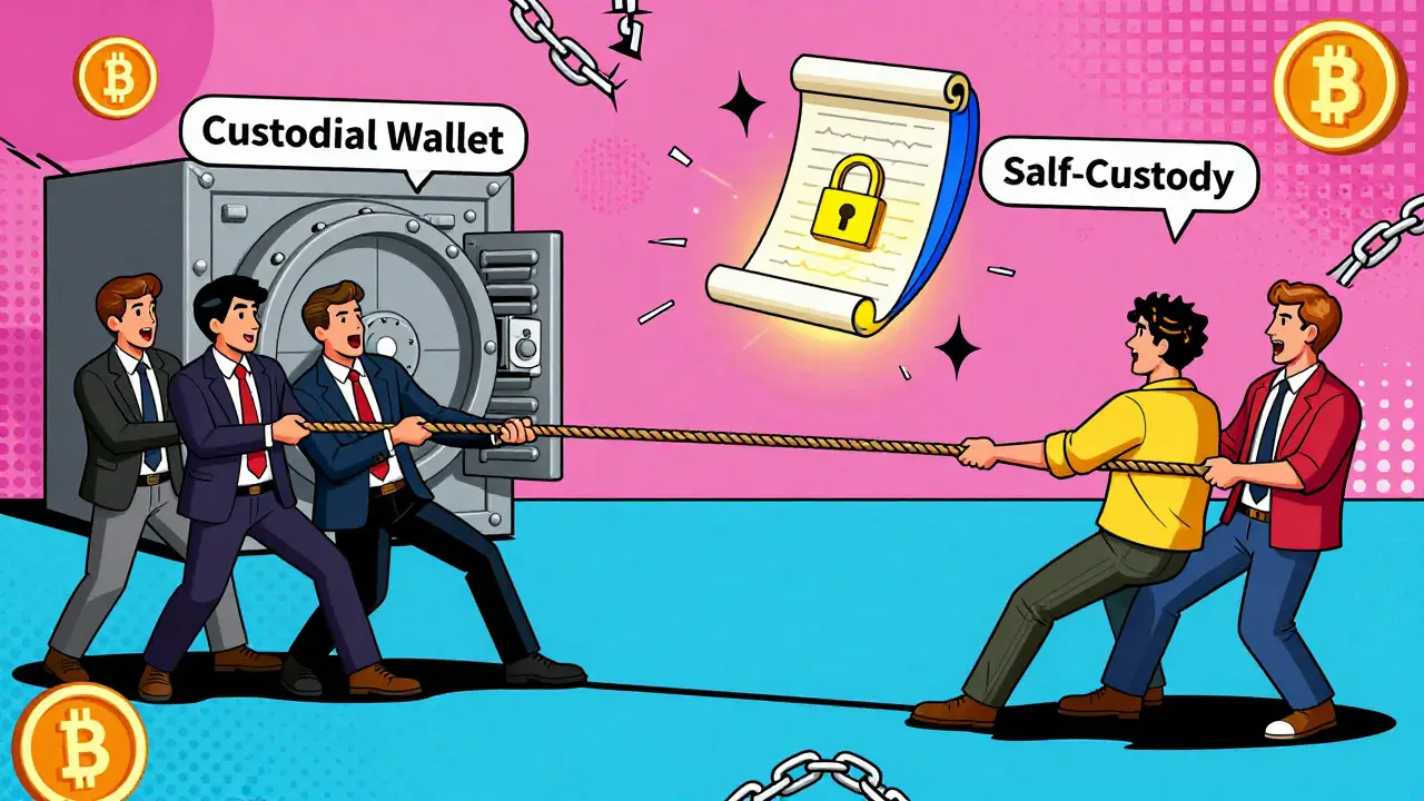 Tug-of-war between custodial and self-custody teams with crypto symbols