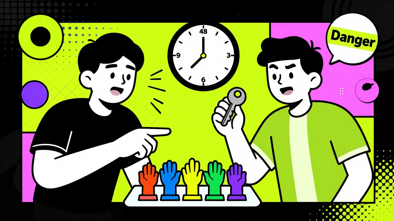 Two developers debating multi-signature wallet vs single admin key with a 48-hour timer in background.