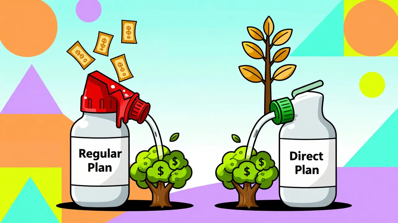 Two mutual fund bottles side by side, one leaking money, the other flowing freely into a tall money tree.