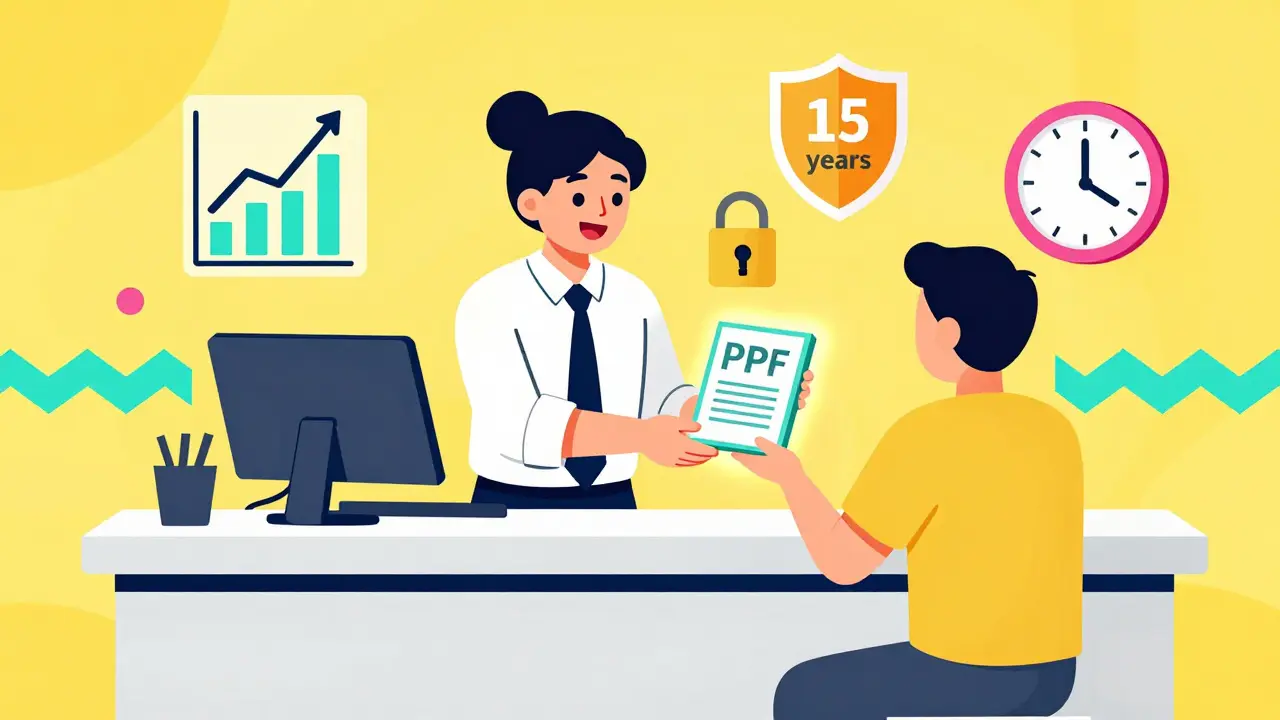A bank clerk handing a PPF passbook with tax-free and 15-year icons in bold geometric style.