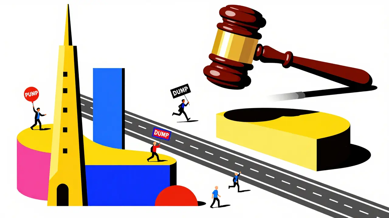 A city of token-shaped buildings with traders running on curves, a giant SEC gavel looming above.