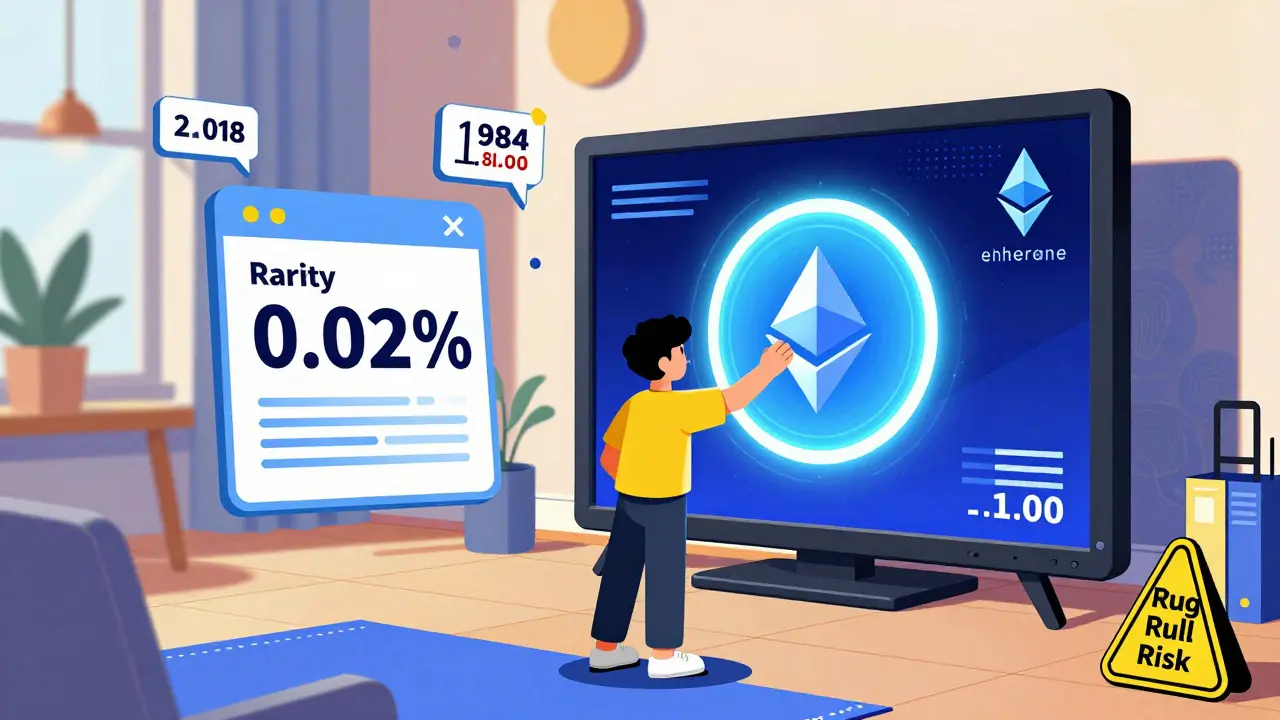 A collector displays a rare NFT with floating blockchain data and warning signs in bold Memphis colors.