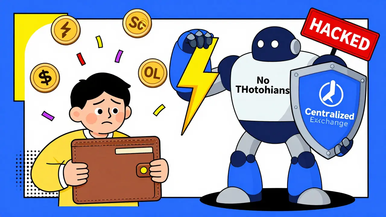 A confused user surrounded by gas tokens while a hero robot blocks a centralized exchange monster.