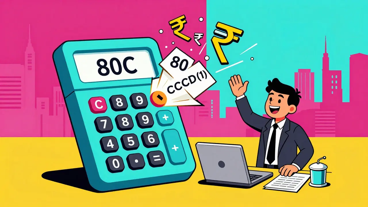 A geometric tax calculator exploding with money symbols as a person high-fives a robot accountant.