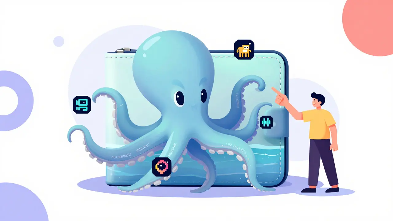 A pastel octopus wallet displaying animated NFTs, with a user tapping its head in a calm, geometric scene.