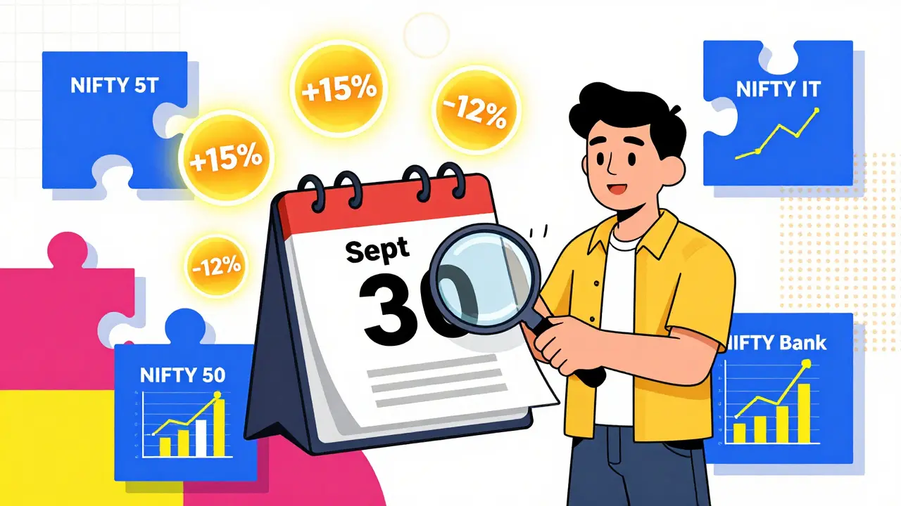 A retail investor checking a rebalance calendar with glowing stock changes around them.