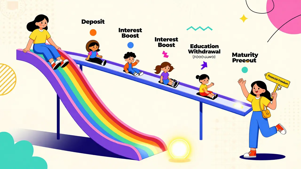 A whimsical 21-year timeline slide with a girl descending past financial milestones, marked by bold geometric shapes and vibrant colors.