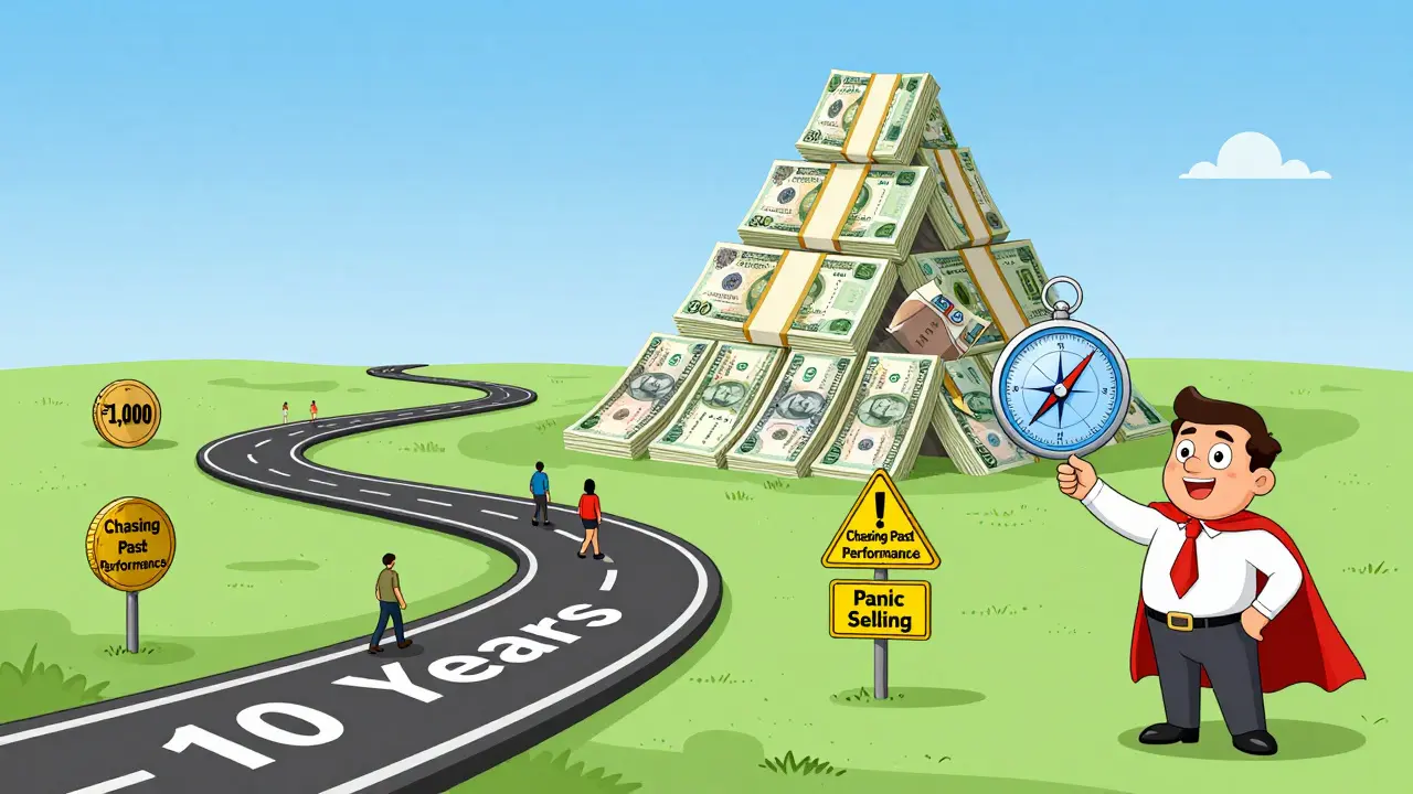 A winding road of time leading from a small coin to a mountain of rupees, with figures avoiding investment mistakes under a friendly guide.