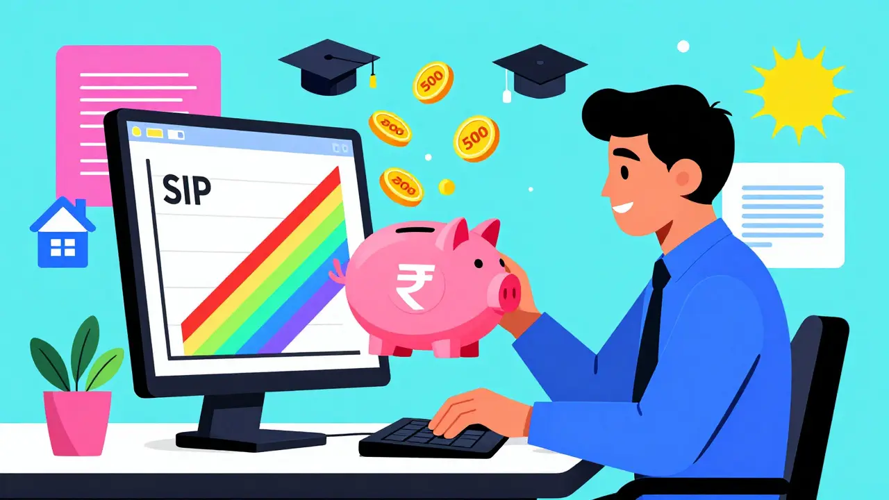 A young Indian person using a phone to track a rising SIP graph, with coins falling into a piggy bank shaped like a mutual fund logo.