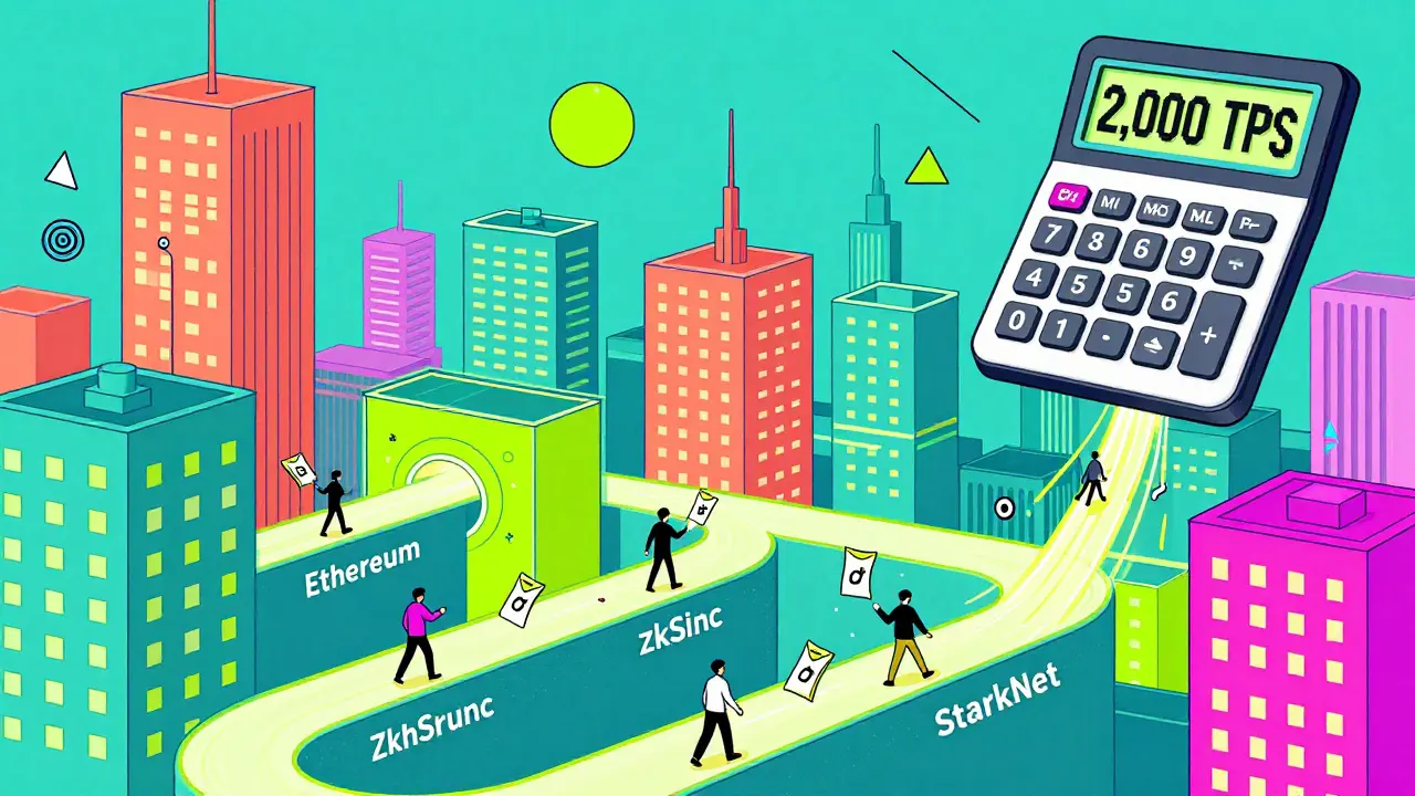 Abstract city with invisible money packets moving between zk-Rollup towers, showing high-speed transactions.