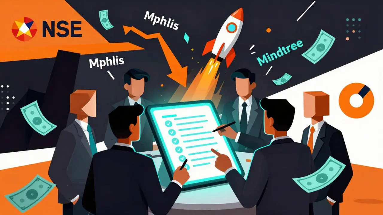 Abstract committee reviewing a glowing list as some stocks fall and others rise on rockets.