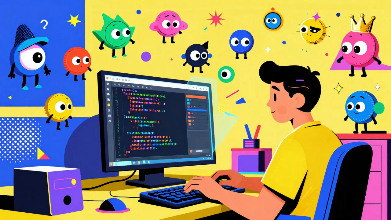 An artist coding as thousands of unique NFT avatars pop into existence in a vibrant Memphis-style studio.