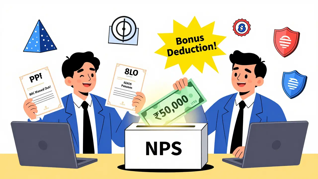 An office worker splitting between maxed-out 80C investments and adding NPS for extra tax deduction.