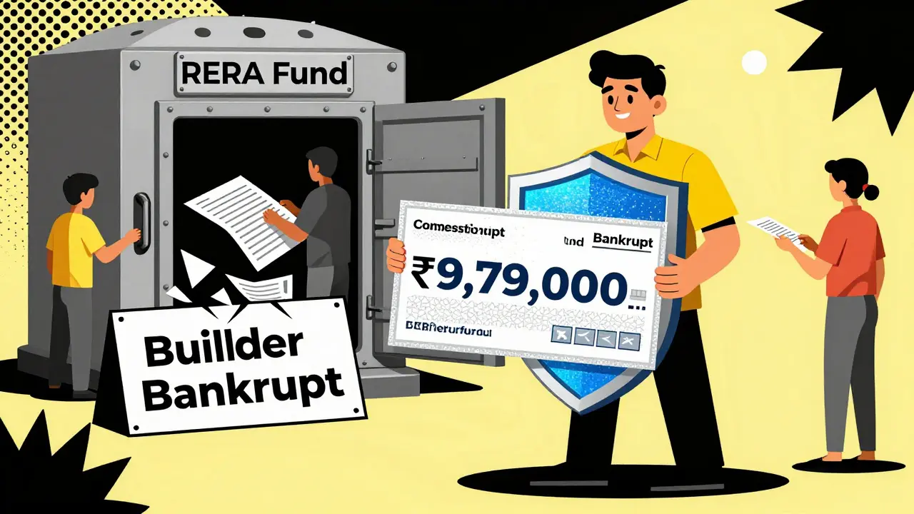 Buyer holding large compensation check while protected by RERA fund shield, bankrupt builder sign in background