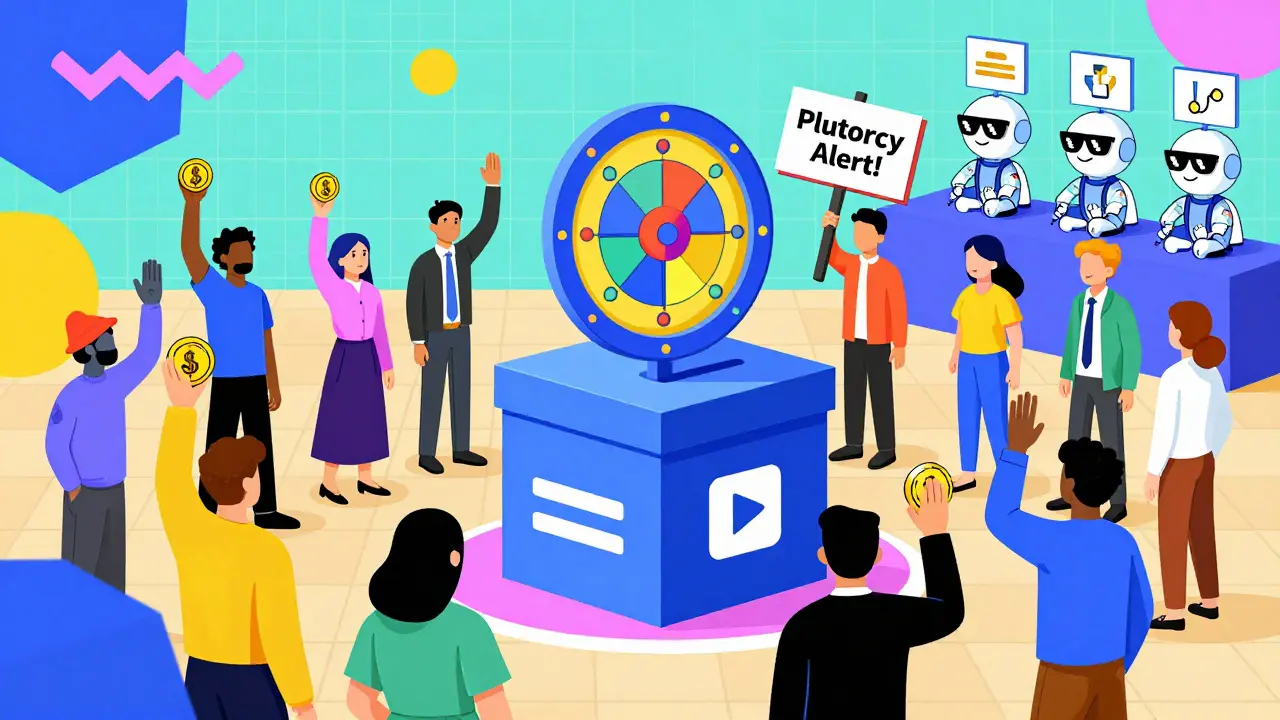 Crowd of figures voting with tokens in a vibrant digital arena, AI bots watching, under a spinning blockchain wheel.